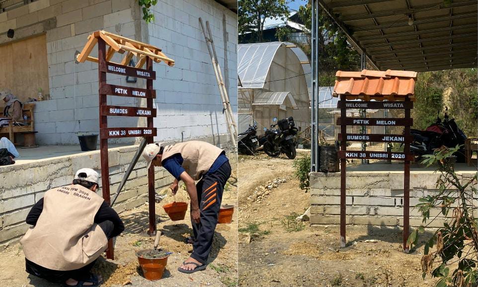 Dukung Agrowisata Desa, Kelompok 38 KKN Unisri Pasang Papan Petunjuk Jalan dan Papan Selamat Datang di Wisata Petik Melon BUMDes Jekani